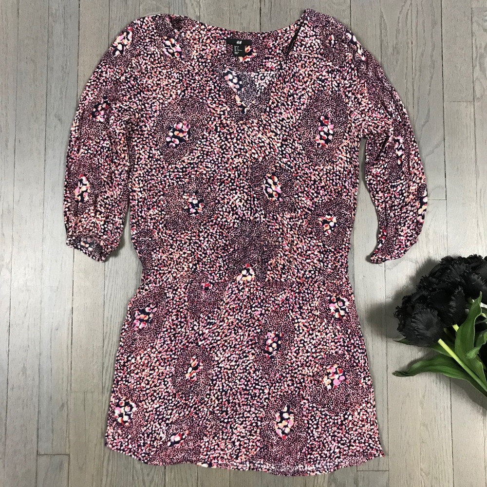 H&M Pink Printed 3/4 Sleeve V-Neck Mini Dress 4